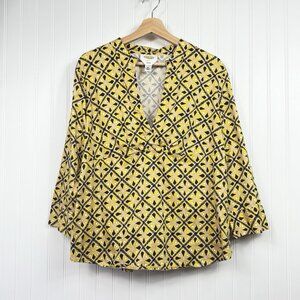 Talbots V-neck Stretch Top 3/4 Sleeve Yellow Navy Diamond Cotton Size XL